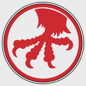 May include: A red claw design inside a white circle, framed by a red and black border. The claw has four talons and is set against a white background. The design is simple and bold, suitable for logos or emblems.