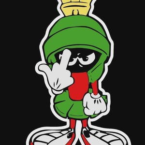 May include: Cartoon illustration of Marvin the Martian giving the middle finger. The character is wearing a green helmet, red torso, and green outfit. His white gloved hand is raised, and he has white shoes with red trim. The background is black.