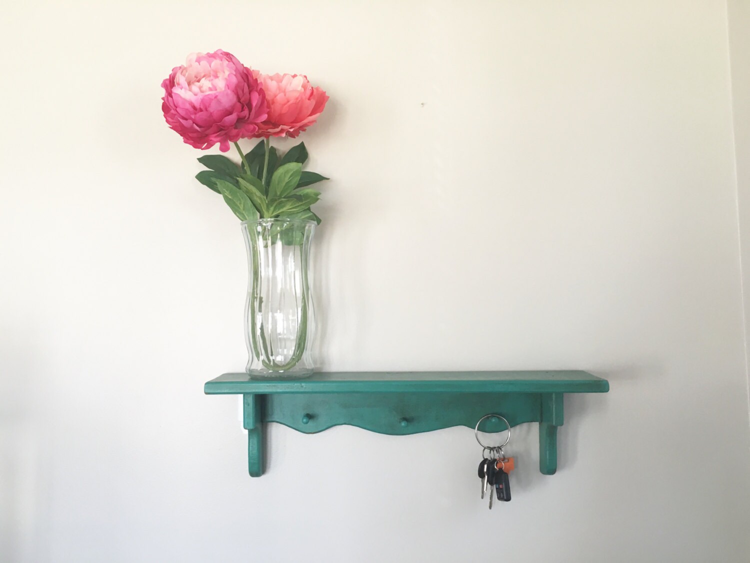 Hand Painted Wall Shelf with Peg Hooks in Turquoise Etsy