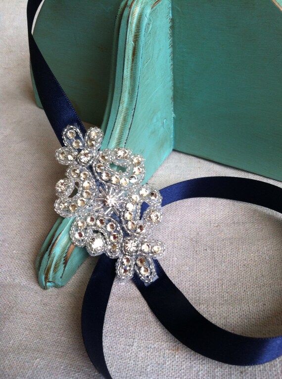 Navy Blue and Rhinestone Ribbon Headband Etsy