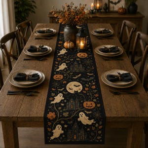 May include: A black table runner featuring a repeating pattern of white ghosts, orange pumpkins, dark houses, bats, spiders, and autumn leaves. The runner is centred on a wooden dining table set with plates, black napkins, and a lantern centrepiece.
