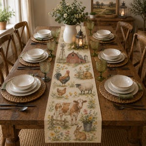 May include: A long rectangular table runner featuring a farm scene with a red barn, windmill, rooster, sheep, cow, and rabbit, surrounded by floral accents. The runner is centered on a wooden dining table set with white bowls, woven placemats, and green glassware.