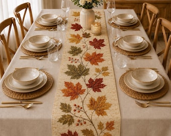 Chemin de table en lin et coton à motif de feuilles d'érable, décoration de table automnale vintage, linge de table rustique style ferme.