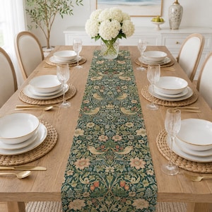 Cotton Linen Vintage Floral Bird Quilted Table Runner, Botanical Green Decor, Cottage Farmhouse Dining Accent