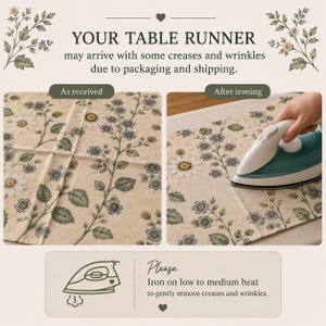 Peut inclure: Un chemin de table avec un motif floral compos&eacute; de marguerites blanches et de fleurs bleues sur fond beige. L'image montre une comparaison du tissu avant et apr&egrave;s repassage, avec des instructions textuelles pour &eacute;liminer les plis.