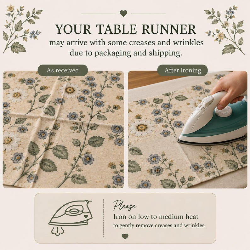 Peut inclure: Un chemin de table avec un motif floral compos&eacute; de marguerites blanches et de fleurs bleues sur fond beige. L'image montre une comparaison du tissu avant et apr&egrave;s repassage, avec des instructions textuelles pour &eacute;liminer les plis.