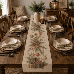 Puede incluir: Un camino de mesa rectangular de color beige con un diseño navideño estampado de ramas de pino, piñas, bayas rojas, adornos colgantes y cajas de regalo, centrado sobre una mesa de comedor de madera con platos y cristalería.