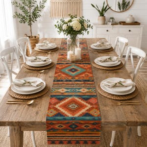 Cotton Linen Boho Geometric Quilted Table Runner, Colorful Rustic Dining Table Decor Gift
