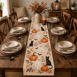 Chemin de table en lin et coton pour Halloween, imprimé citrouille et chat fantôme, décoration rustique pour table d'automne