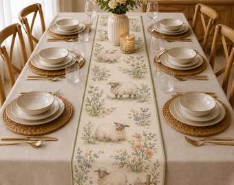 Cotton Linen Farmhouse Sheep Table Runner, Cottage Floral Dining Decor, Rustic Spring Kitchen Runner, Country Lamb Table Decor