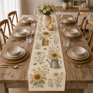 May include: A long rectangular table runner featuring a printed pattern of sunflowers, daisies, bees, and garden items like a watering can and jar. The runner is centered on a wooden dining table set with white plates, bowls, and woven placemats.