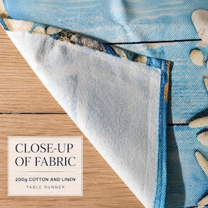Peut inclure: Un chemin de table en tissu de coton et lin de 200g avec un imprim&eacute; c&ocirc;tier bleu et blanc et des motifs d'&eacute;toiles de mer. Le tissu est pli&eacute; pour r&eacute;v&eacute;ler le tissage textur&eacute; et l'envers. Le texte CLOSE-UP OF FABRIC 200g COTTON AND LINEN TABLE RUNNER est visible.