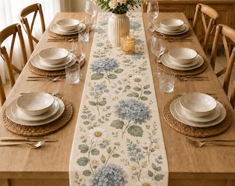Chemin de table en coton et lin à motif floral d'hortensias, décoration de table champêtre avec marguerites, chemin de table style ferme