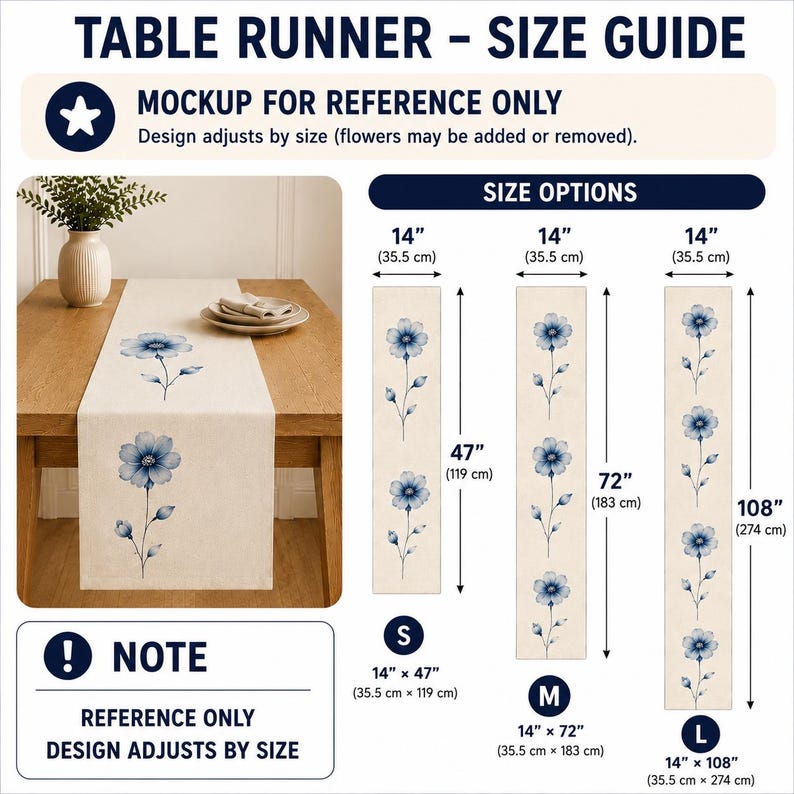 Peut inclure: Un guide des tailles de chemin de table pr&eacute;sentant un mod&egrave;le beige &agrave; motifs floraux bleus. Il affiche trois options de dimensions : 35,5 par 119 cm, 35,5 par 183 cm et 35,5 par 274 cm. Le texte indique TABLE RUNNER - SIZE GUIDE et NOTE.
