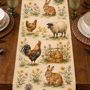 May include: A beige table runner featuring a repeating farm-themed print. The design includes a brown and white cow, brown rabbits, a hen with chicks, a sheep, a rooster, a haystack, a windmill, and a red barn with a silo, all amidst flowers.