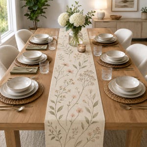 Cotton Linen Wildflower Botanical Quilted Table Runner, Floral Farmhouse Dining Decor, Spring Table Centerpiece