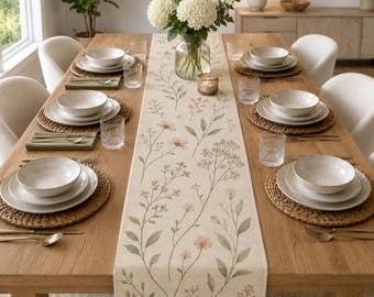 Chemin de table botanique en lin et coton à motif floral sauvage, décoration de table champêtre, centre de table printanier