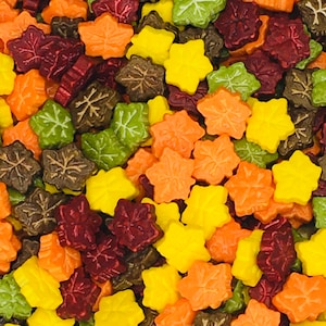 May include: Assortment of colorful maple leaf sprinkles in shades of red, orange, yellow, green, and brown. These sprinkles are perfect for decorating cakes, cupcakes, cookies, and other baked goods.