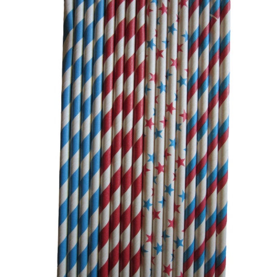 24 Red White & Blue Stars Stripes Paper Drinking Straws by DK
