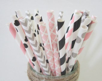 Gray Pink Black Paper Party Drinking Straws ~ Wedding ~ Baby Shower ~ Set of 24 or 48