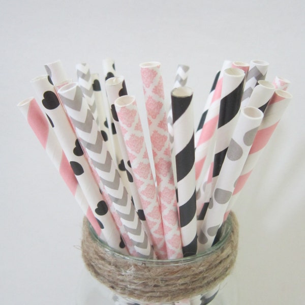 Gray Pink Black Paper Party Drinking Straws ~ Wedding ~ Baby Shower ~ Set of 24 or 48