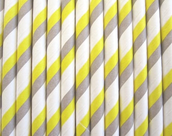 Yellow and Gray Double Striped Paper Straws