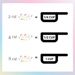 May include: A chart showing the conversion of ounces to cups. 2 ounces equals 1/4 cup, 4 ounces equals 1/2 cup, and 8 ounces equals 1 cup.