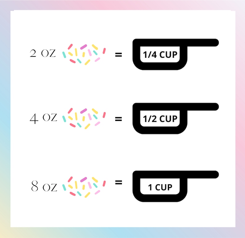 May include: A chart showing the conversion of ounces to cups. 2 ounces equals 1/4 cup, 4 ounces equals 1/2 cup, and 8 ounces equals 1 cup.