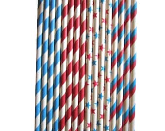 24 Red White & Blue Stars Stripes Paper Drinking Straws