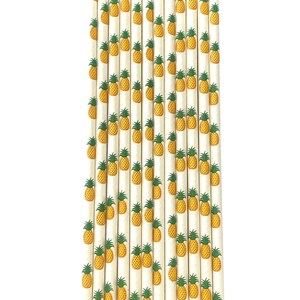 May include: A collection of paper straws featuring a repeating pattern of yellow pineapples with green tops on a cream background. The straws are arranged vertically, creating a tropical design, perfect for parties.