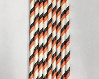 25 Orange Black & White Striped Paper Drinking Straws