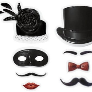 May include: A set of black and white party props, including a top hat, a masquerade mask, a bow tie, a moustache, and a feather hat with a black rose.
