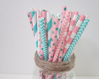 Aqua ~ Light Pink  ~ Paper Straws ~ Party Drinking Straw ~ Flamingo ~ South Beach ~ Wedding