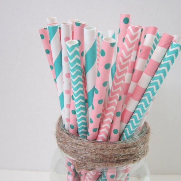 Aqua ~ Light Pink  ~ Paper Straws ~ Party Drinking Straw ~ Flamingo ~ South Beach ~ Wedding