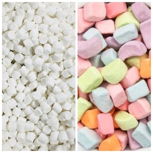 May include: Two close-up images of marshmallows. The first image shows a pile of small, white marshmallows. The second image shows a pile of larger, colourful marshmallows in shades of pink, blue, yellow, and orange.