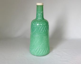 Mid-Century Matte Green Glass Decanter Bottle White Textured Swirl 1pc