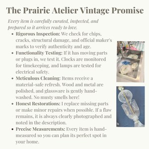 May include: A white informational graphic titled The Prairie Atelier Vintage Promise with bullet points detailing inspection, testing, cleaning, restoration, and measurement processes, alongside two small photos showing glassware being washed and a glass lid.