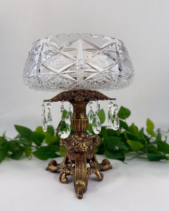 L&L WMC Brass and Cut Crystal Centerpiece Bowl Compote, Hollywood Regency Lusters