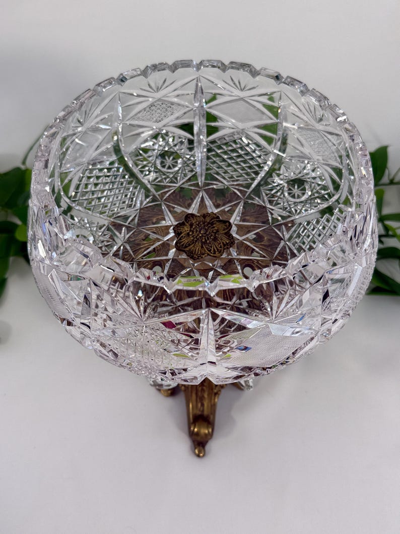 L&L WMC Brass and Cut Crystal Centerpiece Bowl Compote, Hollywood Regency Lusters image 12