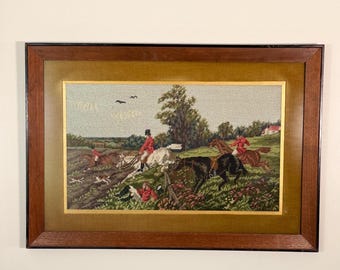 Vintage Fox Hunt Needlepoint Framed Art | Equestrian Horse Scene Tapestry Wall Decor