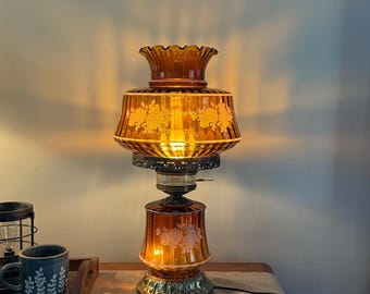 Vintage Amber Glass Hurricane Lamp | Etched Rose Pattern 3-Way Table Lamp