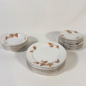 May include: A collection of white ceramic dinnerware including a stack of shallow bowls, a stack of dinner plates, and a stack of smaller plates. Each piece features a delicate pattern of autumn-colored maple leaves and a thin gold rim.