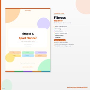 Peut inclure: Un document de planification de fitness et de sport avec un fond crème et des cercles pastel. Le texte indique Fitness & Sport Planner, Train, Progress, Transform Yourself, et liste des sections pour les entraînements, la nutrition et l'hydratation.