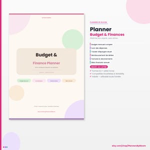 May include: A digital budget and finance planner document with a cream background, featuring pastel circles in pink, green, and purple. The text reads Budget & Finance Planner, Planners By Bloom, and lists features including monthly budget and debt tracking.