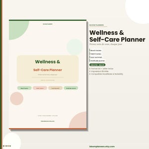 Peut inclure: Un planificateur de bien-être et de soins personnels avec un fond crème, des accents verts et pêche, et du texte incluant Mood tracker, Habit tracker, Suivi sommeil et Gratitude journal. Le design présente une mise en page épurée.