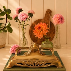 Antique Art Nouveau Brass Inkwell | Circa 1900 | Vintage Pen Holder | Antique Desk Accessory | Belle Époque Decor