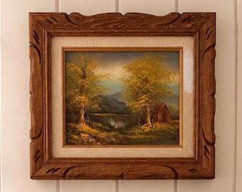 Original Oil Painting on Canvas | Framed Vintage Landscape | Carved Wood Frame | Rustic Country Wall Art