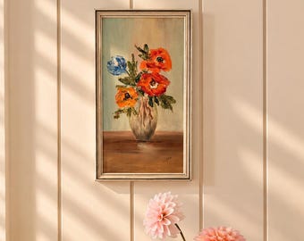 Vintage Original Floral Painting | Signed Poppy Still Life | Framed Flower Painting | Vintage Cottage Wall Art