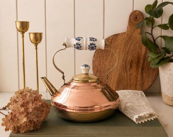 Vintage Bredemeijer Hilversum Kettle | Dutch Copper and Brass Tea Kettle | Blue Delft Porcelain Handle | European Kitchen Decor