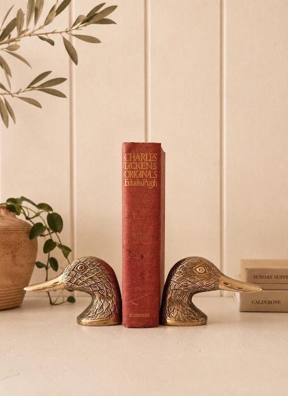 Paire de décapsuleurs vintage en laiton en forme de canard | Serre-livres sculpturaux | Décoration bibliothèque Hollywood Regency